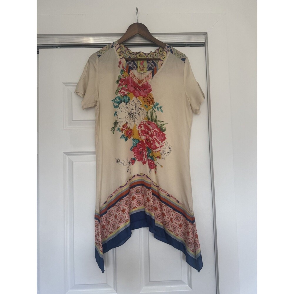 Johnny Was Womens S Beige 100% Silk Dulci Floral Boho Embroidered Tunic Dress